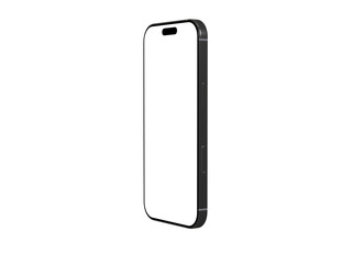 High-quality image of a sleek black smartphone with a blank screen, perfect for app presentations or technology-related designs. Isolated on white background.