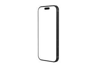 High-quality photo of a sleek black smartphone with a blank screen, perfect for app presentations or technology marketing. Isolated on white background.