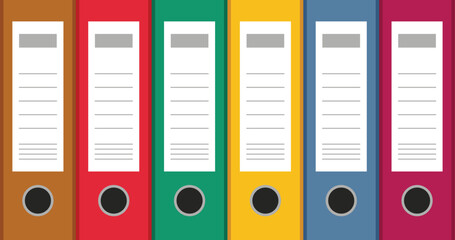 Six colorful ring binders with blank white labels and metal rings folder stationery