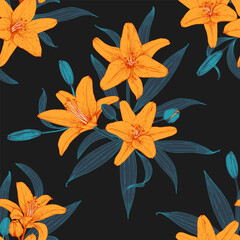 Seamless floral pattern. Orange lilies with blue leaves on  black background.