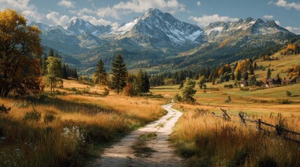 Winding path through golden meadows to snowy peaks in autumn landscape, near Rocky Mountain National Park, Colorado