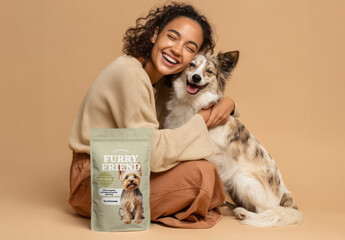 Joyful Woman Hugging Happy Dog Pet Food Package Mockup PSD
