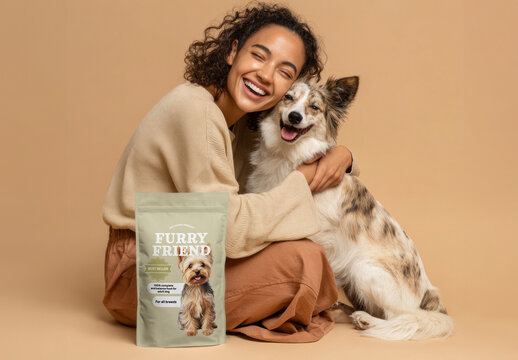 Joyful Woman Hugging Happy Dog Pet Food Package Mockup PSD