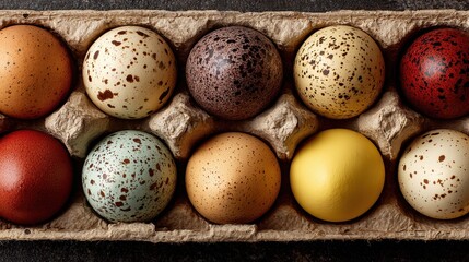 Assorted colorful speckled and plain eggs sitting in a cardboard carton ready to use for cooking and baking, a high quality realistic product