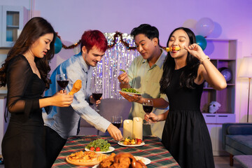 Drinks and conversation, social gathering and get together. Young people, eating pizza and...