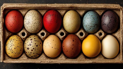 Assorted colorful speckled and plain eggs sitting in a cardboard carton ready to use for cooking and baking, a high quality realistic product
