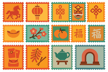 Chinese New Year Stamp Designs with Traditional Symbols
