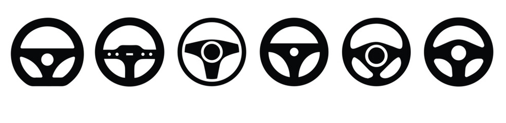 Car Steering Wheel Icons Set – Silhouette and Line Style Symbols for Vehicle Interface and UI Design