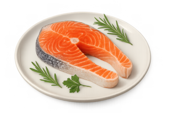 Raw salmon steak on white plate with rosemary and parsley, offering fresh seafood for healthy eating, transparent background