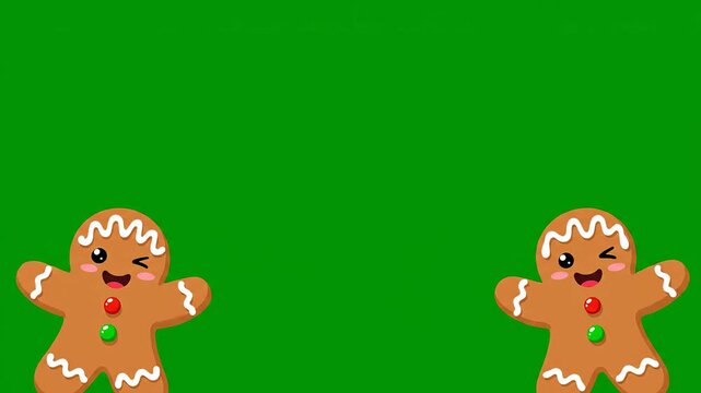 Animated cute gingerbread men characters dancing on green screen background for christmas holiday marketing promotion video