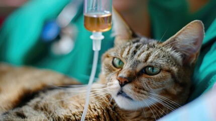 A tabby cat receiving intravenous treatment in a veterinary clinic. The cat has green eyes and a calm expression. A veterinarian's hand is visible in the background.