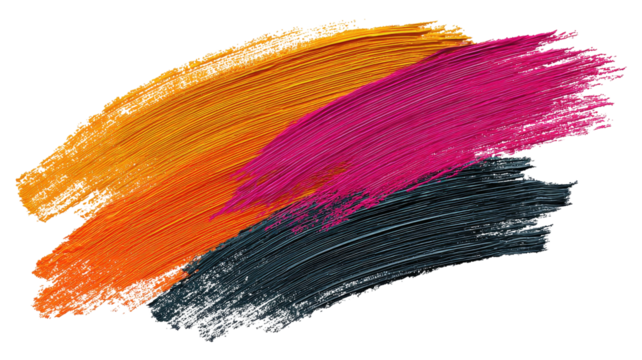 Bold strokes orange, gold, pink, black paint swaths on a black backdrop
