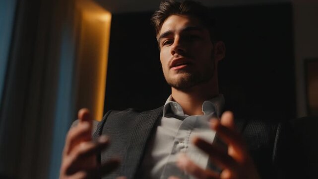 Focused Presentation: A sophisticated individual, well-dressed, in a moment of poised conversation, engaging in a professional exchange or a moment of reflection