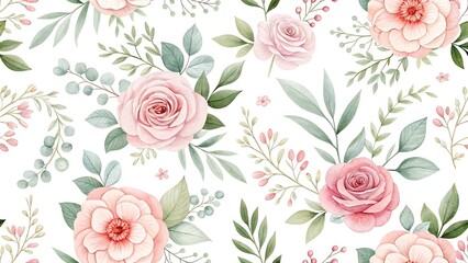Seamless watercolor pattern of pink roses and greenery