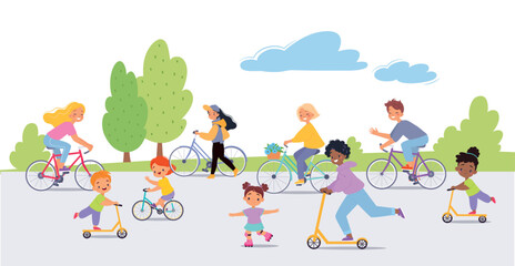 People Ride Bicycle and Scooter in Park Vector Illustration