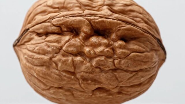 A single, whole walnut in its natural shell rotates gracefully against a pristine white background, showcasing its intricate, textured surface and earthy brown hues. The close-up perspective highlight