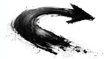 Dramatic black arrow curves and points sharply left on a white backdrop using a thick, textured stroke