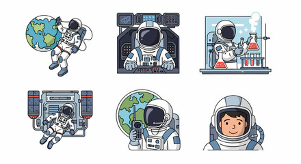 Six illustrated vignettes depicting astronauts engaged in various space and science activities © Faisal