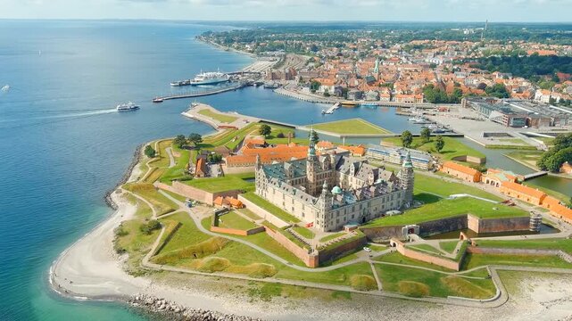 Helsingor, Denmark. A 16th-century castle with a banquet hall and royal chambers. The prototype of Elsinore Castle in the play Hamlet. Drone footage
