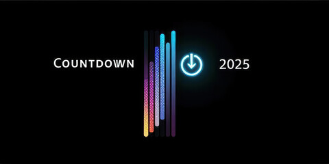Countdown 2025 concept with colorful vertical bars and glowing blue circular arrow symbol on black background, representing time, future, and digital technology