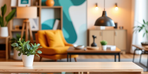 Modern living room with wooden table and green plant in white pot, cozy orange armchair, abstract wall art, warm lighting, and stylish furniture creating inviting atmosphere