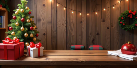 Christmas tree gift box wooden table red bow holiday decoration wreath light bulb cozy room