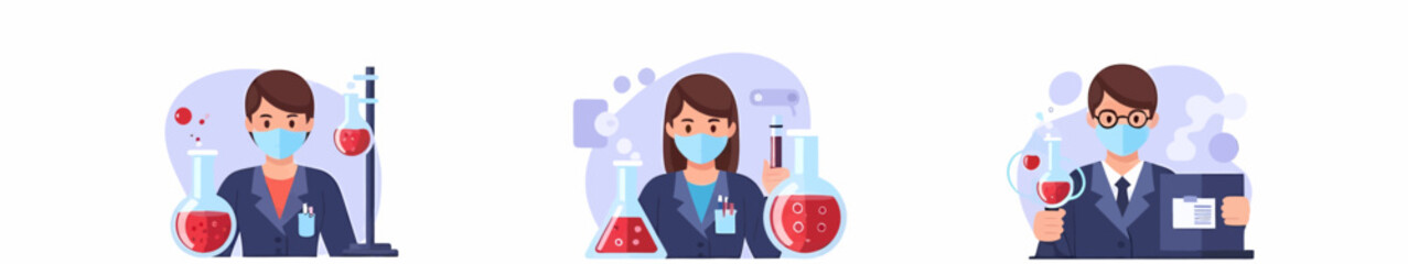 Three cartoon scientists in lab coats and masks with blood samples and lab glassware