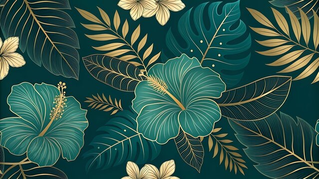 Elegant tropical floral pattern with hibiscus and palm leaves in teal and gold - Powered by Adobe