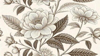 Vintage botanical illustration of blooming hydrangea flowers and leaves in sepia tones