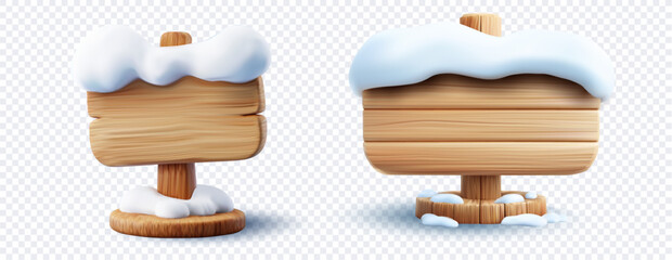 Wooden winter signboards with snow caps, empty cartoon wooden boards for Christmas and holiday messages, isolated on transparent background, vector illustration