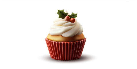 Realistic Christmas cupcake topped with swirled whipped cream frosting and holly berries, cozy festive dessert for winter holiday food designs, isolated on white background, vector illustration