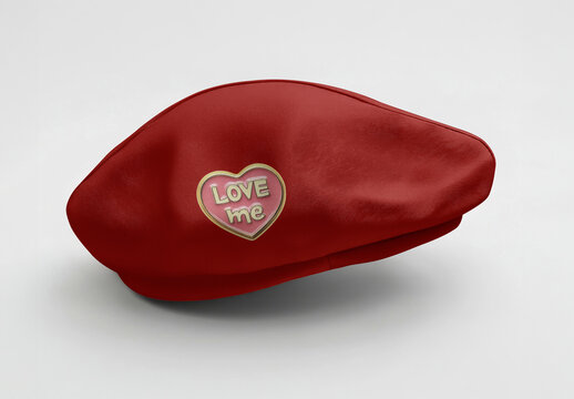 Red Beret Mockup With Heart Pin PSD