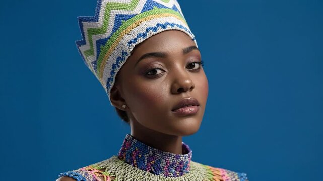 A striking close-up portrait of a young woman with a dignified and confident expression, showcasing rich cultural heritage through her vibrant and intricately beaded attire. She wears a magnificent, h