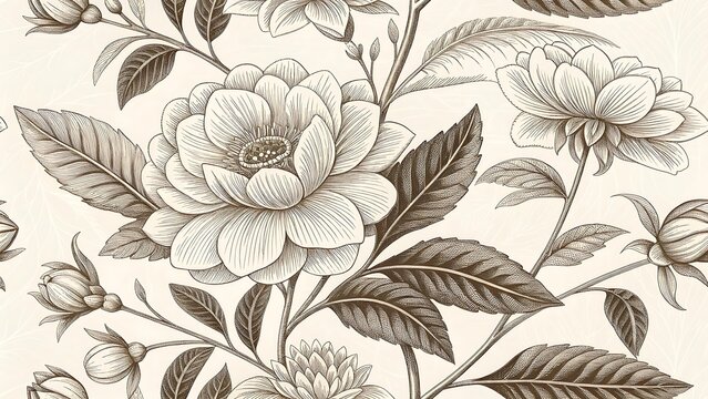Vintage botanical illustration of blooming hydrangea flowers and leaves in sepia tones - Powered by Adobe