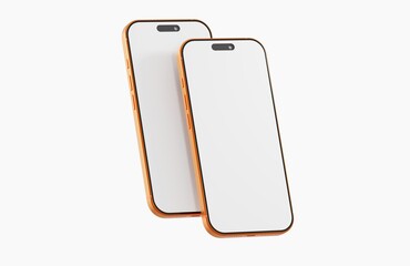Two modern orange smartphones with blank white screens isolated on a clean white background, perfect for tech a