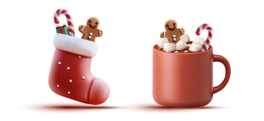Cute Christmas stocking filled with gifts, candy cane and gingerbread man beside mug of hot chocolate with marshmallows, cozy festive winter holiday dessert scene, vector illustration