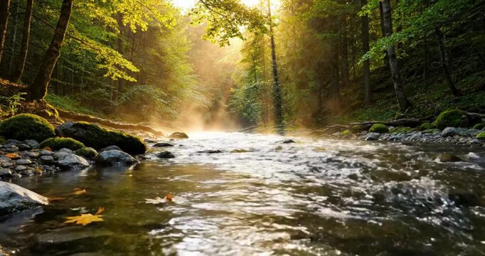 Peaceful forest river flowing with sunlight beams nature landscape footage