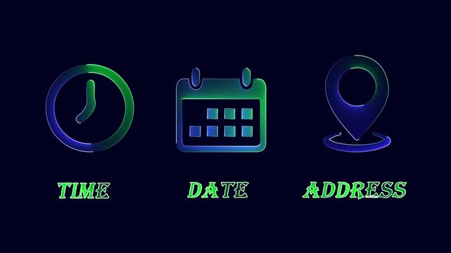 Time date address icons glowing neon for event planning apps isolated on transparent background