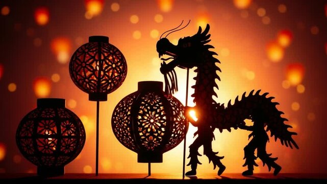 Chinese New Year Celebration with Traditional Lanterns and Dragon Silhouette.