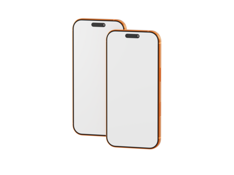 Two modern smartphones with blank screens, perfect for mockup, product presentation, or tech concept. Orange fr