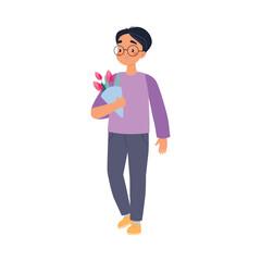 Man Walk and Carry Flower Bouquet Vector Illustration