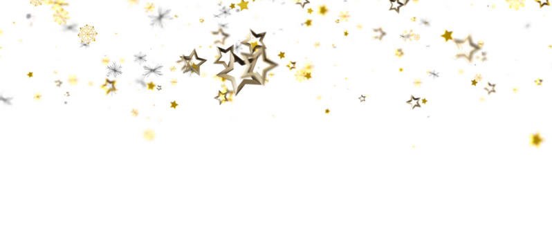 Festive abstract design featuring falling golden stars and snowflakes on a clean white backdrop, perfect for holiday celebrations and winter the