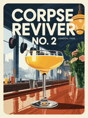 Vintage vector illustration of a Corpse Reviver No. 2 cocktail in a coupe glass on a mahogany bar, set in a 1920s London speakeasy with atmospheric lighting and retro style