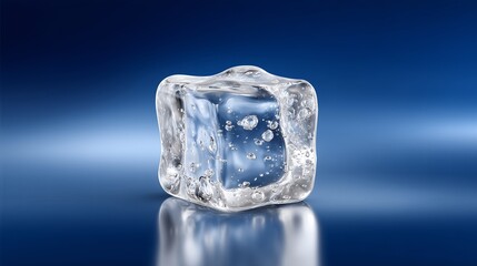 Perfect smooth blue-white ice block with trapped air bubbles on reflective surface, fresh concept