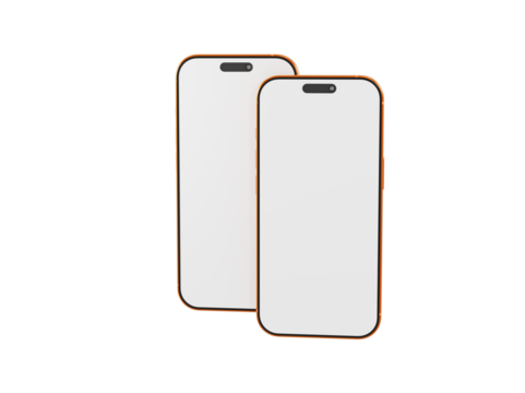 Two gold smartphones side by side with blank white screens perfect for displaying apps or other content. Techno