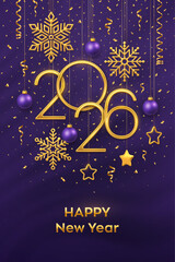 Happy New Year 2026. Hanging Golden metallic numbers 2026 with shining snowflakes, 3D metallic stars, balls and confetti on purple background. New Year greeting card or banner template. Vector.