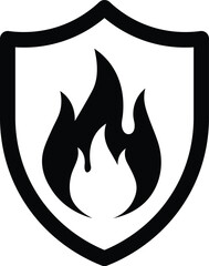 Black shield icon with flame inside on white background fire protection symbol vector