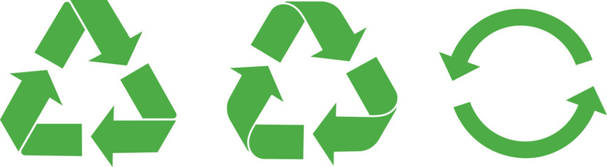 Three green recycling symbols and circular arrows on white background reuse