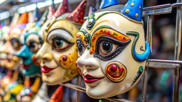 Colorful Masks Displayed in a Row - A Cultural Showcase.