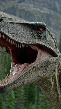 Realistic dinosaur model roars in a forest setting, showcasing intricate details and lifelike movement in a natural environment